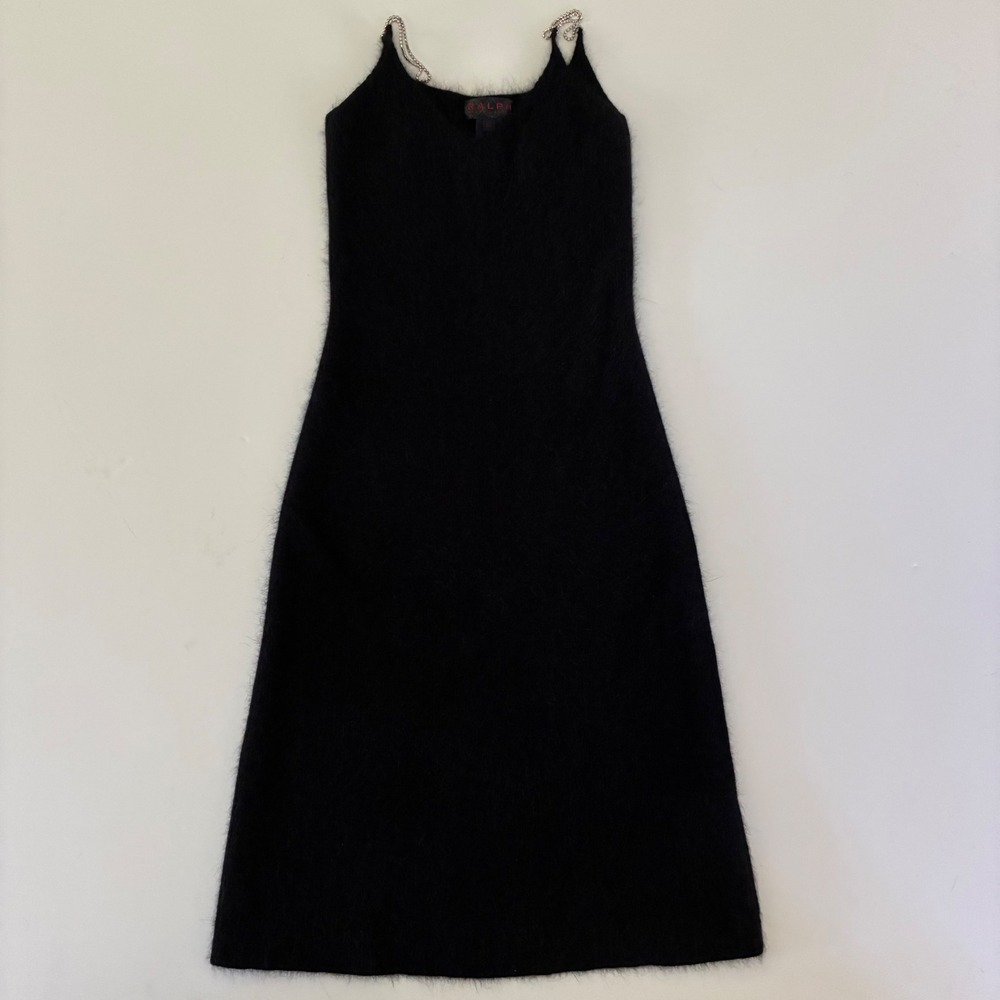Ralph‎ Lauren XS Black Angora Rabbit Hair Wool Blend Knit Midi Dress Straps